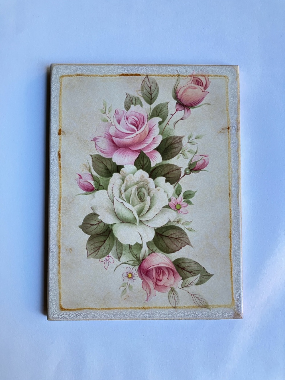 Vintage floral rose art tile made in Italy Semigres ceramic romantic farmhouse